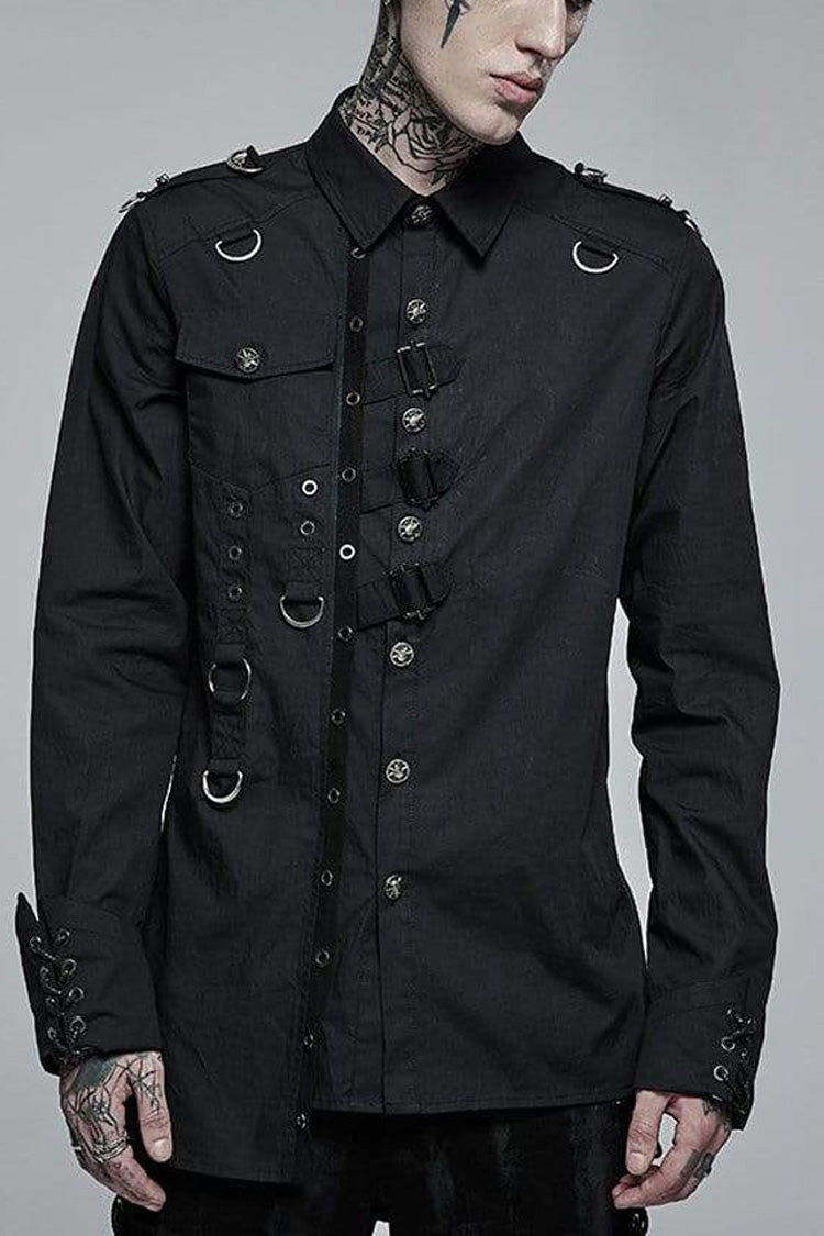 Black Punk Asymmetric Hem Personality Metal Buckle Decorative Soft Long Sleeve Men's Shirt - Black - 1