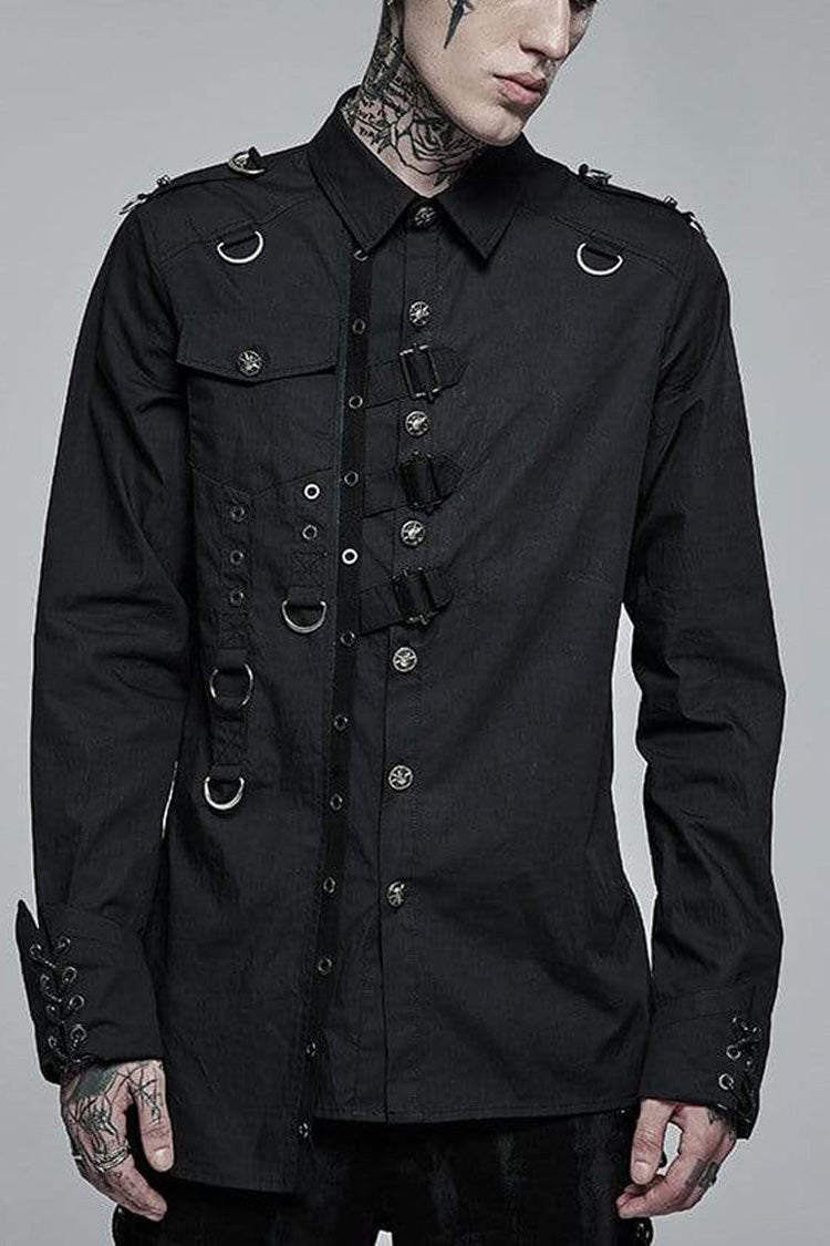 Black Punk Asymmetric Hem Personality Metal Buckle Decorative Soft Long Sleeve Men's Shirt - Black - 1