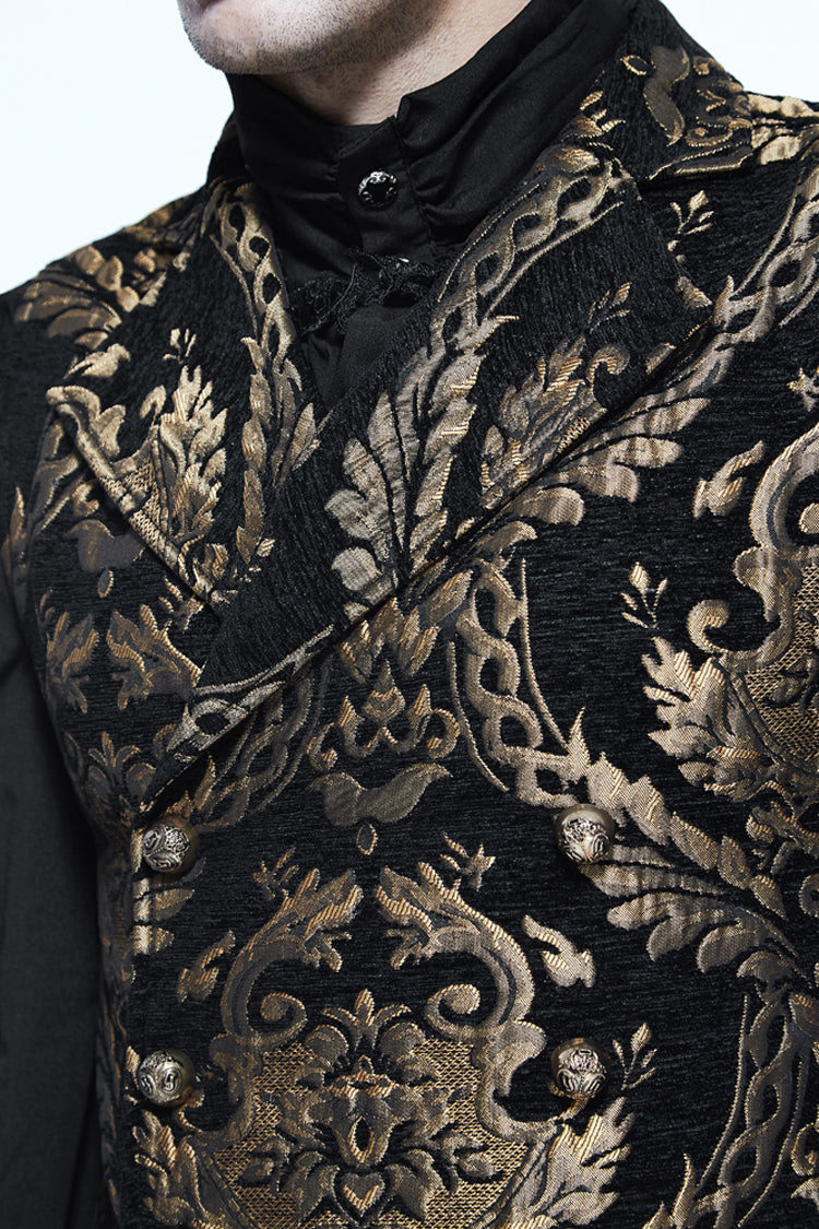 Black/Gold Short Big Jacquard Pattern Men's Gothic Waistcoat - Product - 5