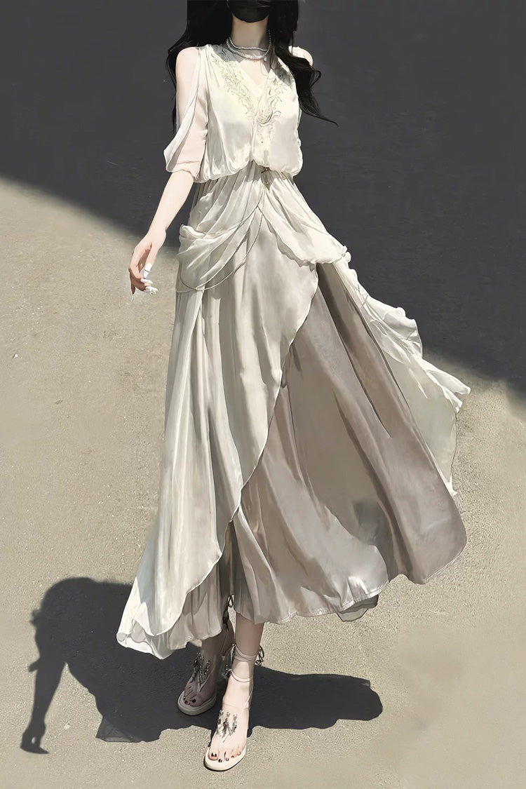 White [Angel of Judgment] Greek-Inspired V Collar Sleeveless Ruffled Embroidered Asymmetric Sweet Lolita Jsk Dress Set - Product - 2