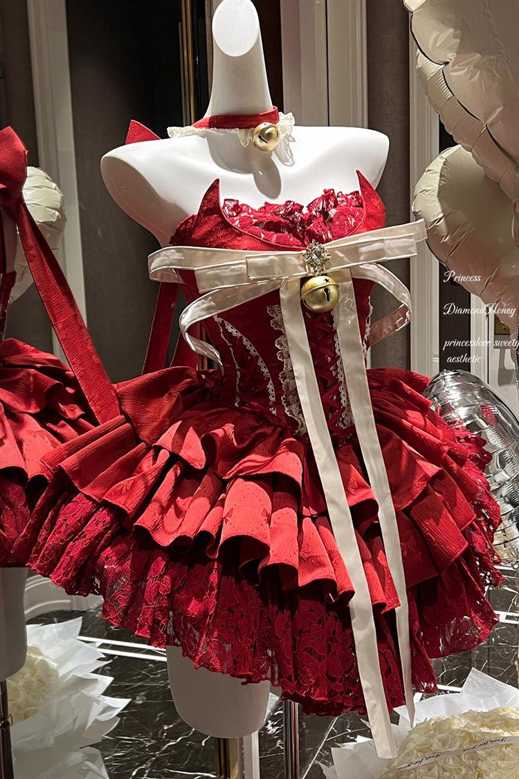 Red [Holiday Lovers] Sleeveless Triple-Layered Ruffle Hollow Bowknot Lace-Up Princess Ballet Sweet Lolita Dress - Product - 2