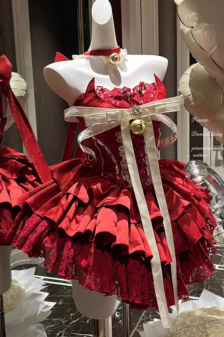 Red [Holiday Lovers] Sleeveless Triple-Layered Ruffle Hollow Bowknot Lace-Up Princess Ballet Sweet Lolita Dress - Product - 2