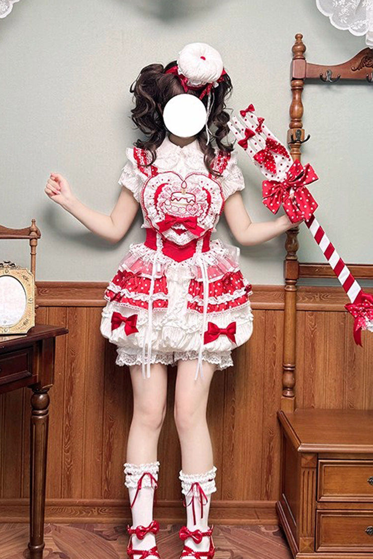 Red/White [Twin Bears] Birthday Cake Sleeveless Print Ruffle Bowknot Lace Sweet Lolita Small Flower Bud Dress - Product - 9