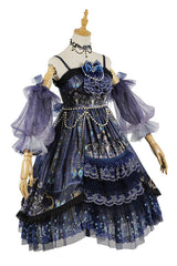 Blue Skull Print Hanayome Bowknot Pearl Chain Multi-Layer Ruffled Gothic Lolita JSK Tiered Dress - Product - 6