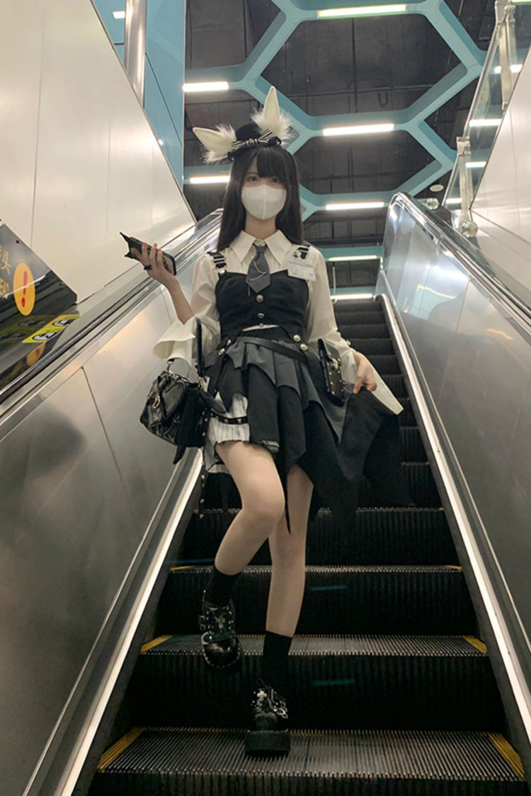 White/Black NSA Agent Gothic Irregular Lolita Skirt Set - Product - 6