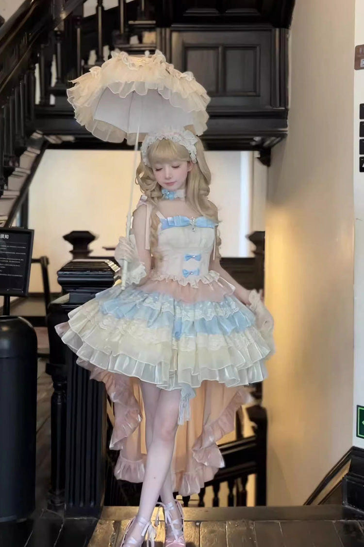 Blue/Pink/Apricot Multi-layer Ruffle Bowknot Sweet Princess Lolita Tiered Dress - Product - 7