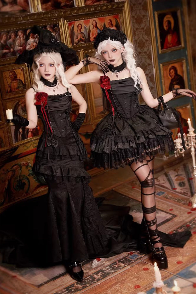 Black  [Letters & Poems · Twilight] Multi-Layered Jacquard Ruffled Witch Gothic Lolita Skirt 2 Versions - Product - 9