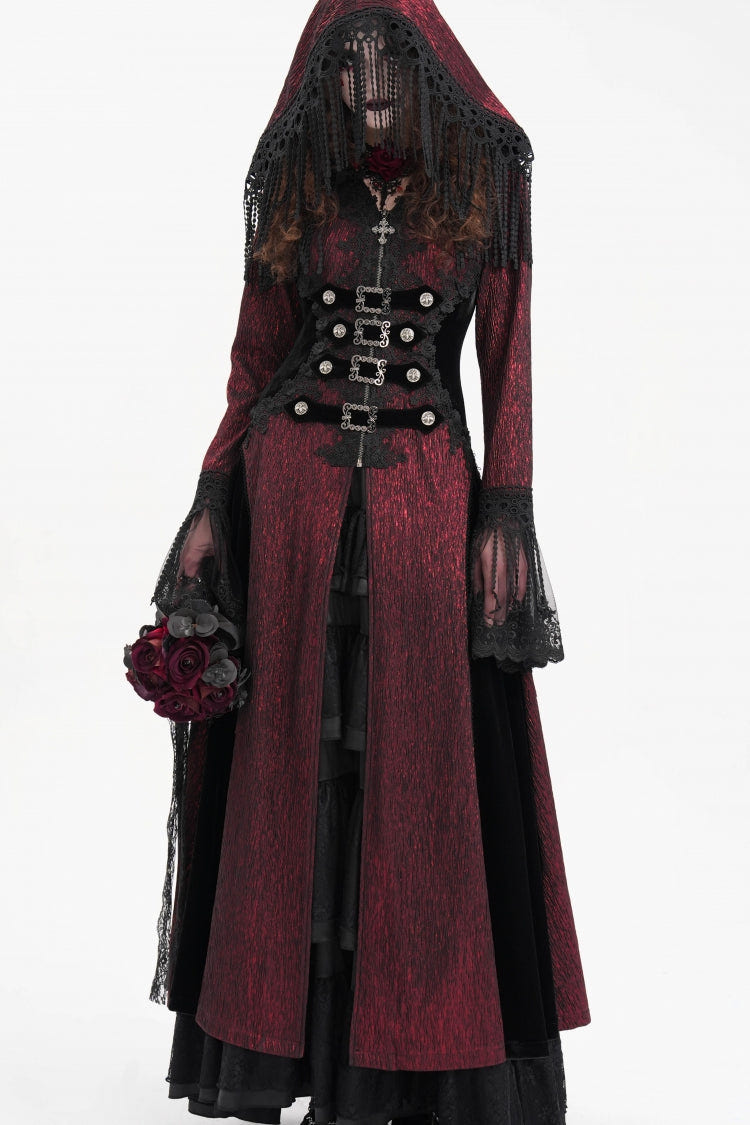 Red Buckle-up Tassels Women's Gothic Jacket with Hood - Product - 6