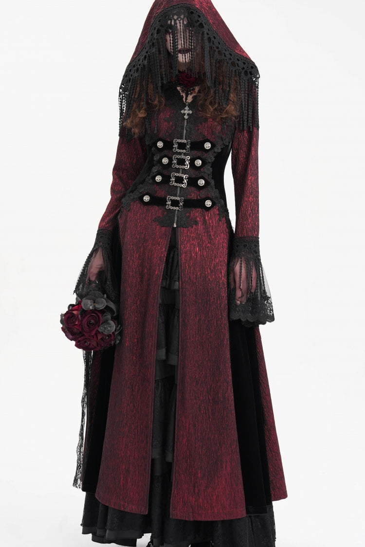 Red Buckle-up Tassels Women's Gothic Jacket with Hood - Product - 6