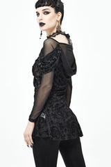 lack Gothic Off-Shoulder Front Chest Decals Bead Sleeve Beaded Tassel Webbing Flocking Print Women's Shirt - Product - 3