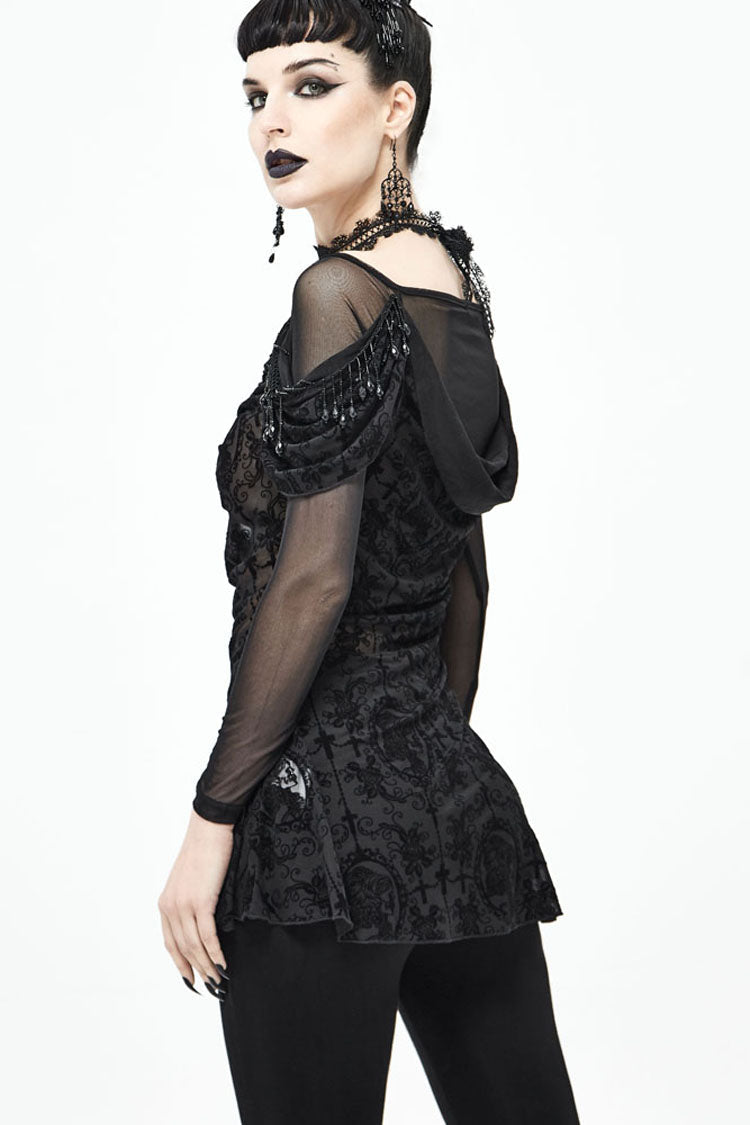 lack Gothic Off-Shoulder Front Chest Decals Bead Sleeve Beaded Tassel Webbing Flocking Print Women's Shirt - Product - 3