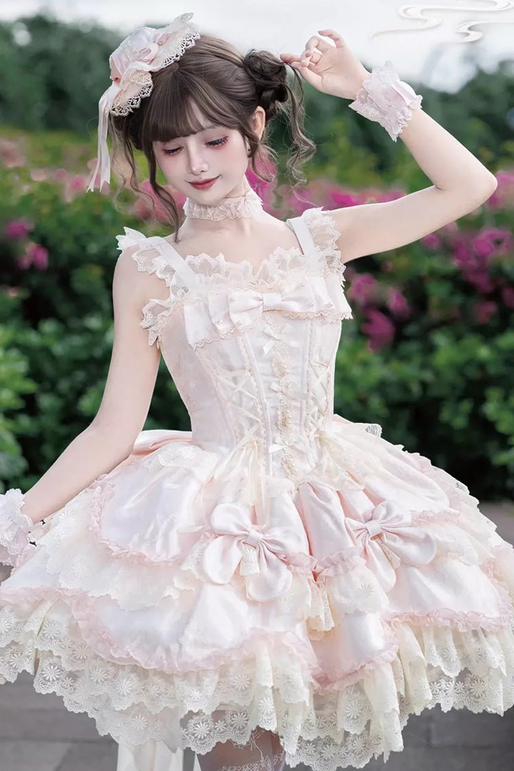 Pink [Realm of Sea Moon] Square Collar Sleeveless Multi-Layered Jacquard Ruffled Bow Lace Lace-Up Sweet Lolita Jsk Dress - Pink - 1