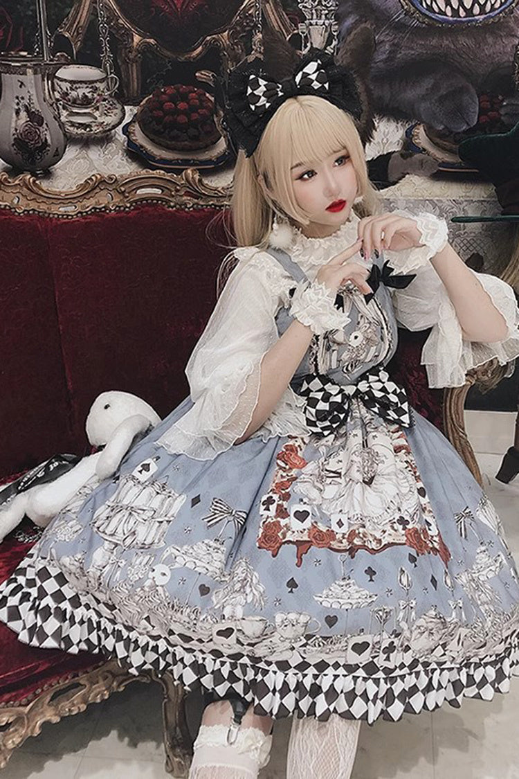 Multi-Color Blue Alice Bunny and Princess Party Print Sleeveless Bowknot Classic Gothic Lolita JSK Dress - Product - 4