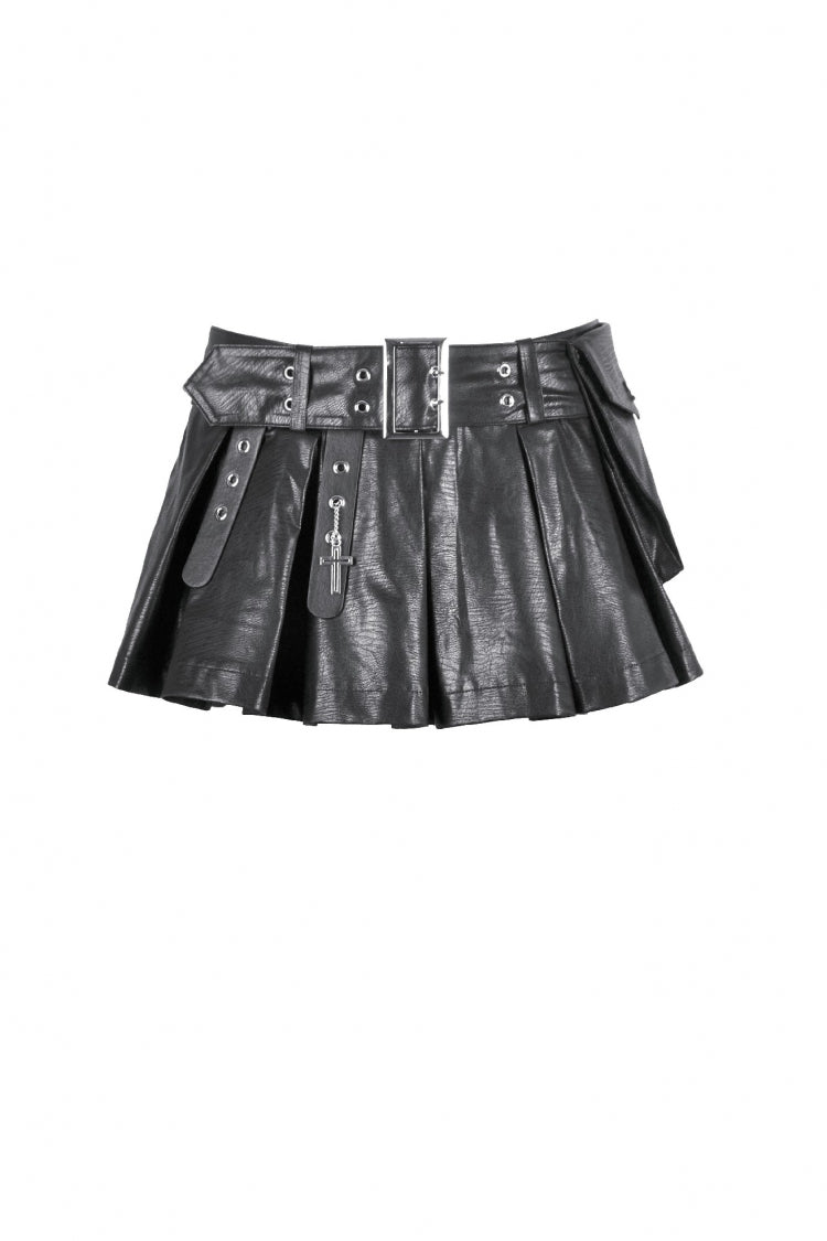 Black Low Waisted Eyelet Women's Punk Shorts with Asymmetric Pleated Belt - Product - 3