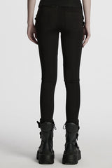 Black Buckle Straps Pleated Women's Punk Leggings - Product - 3