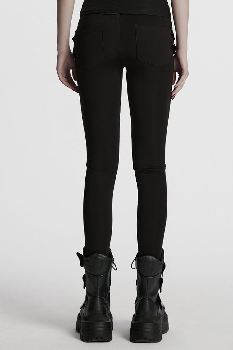 Black Buckle Straps Pleated Women's Punk Leggings - Product - 3