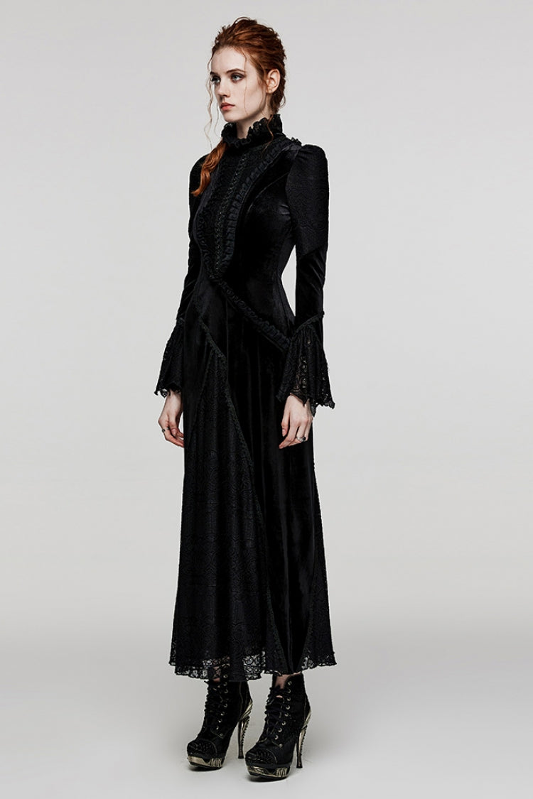 Black Stand Collar Long Trumpet Sleeves Stitching Lace Women's Gothic Dress - Product - 2