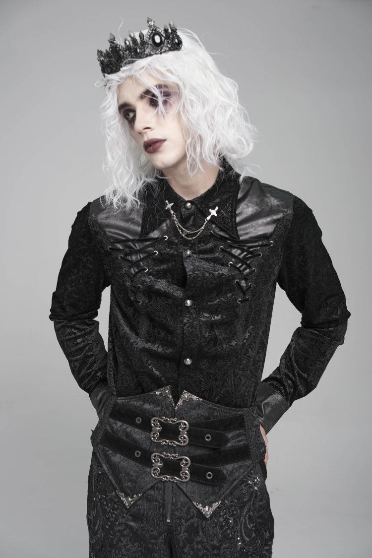 Black Lapel Collar Long Sleeves Print Embroidery Lace-Up Men's Gothic Blouse - Product - 7