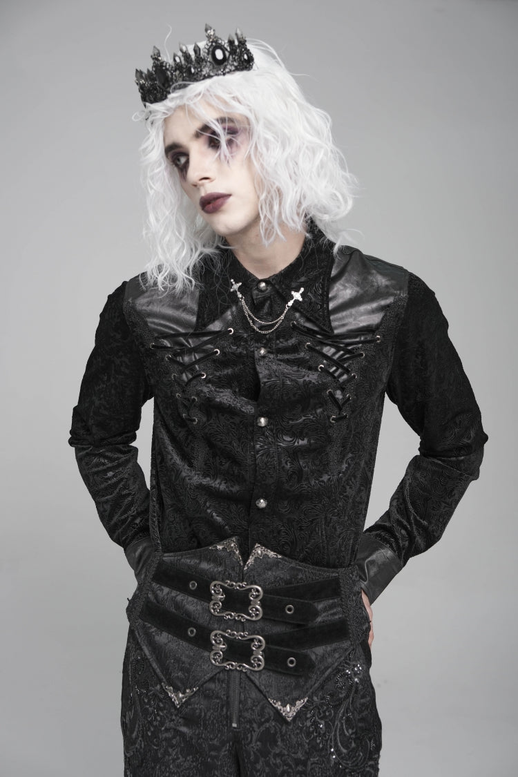 Black Lapel Collar Long Sleeves Print Embroidery Lace-Up Men's Gothic Blouse - Product - 7