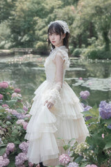 Ivory Tower Multi-layer Ruffle Embroidery Flying Sleeves Sweet Elegant Lolita OP Dress - Product - 3
