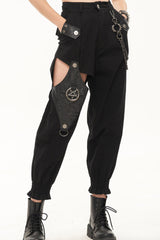 Black Punk Cutout Leather Splicing Detachable Metal Chain Women's Long Pants - Black - 1