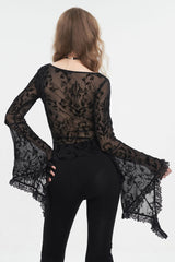 Black Plunging Flared Sleeved Mesh Splice Women's Punk Shirt - Product - 3