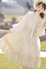 Ivory Stand Collar Long Sleeves Print Ruffle Sweet Princess Lolita Dress - Product - 2