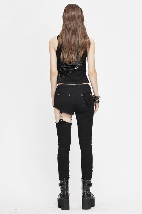 Black Punk Asymmetrical Spliced Broken Hole With Chains Womens Pants - Product - 6