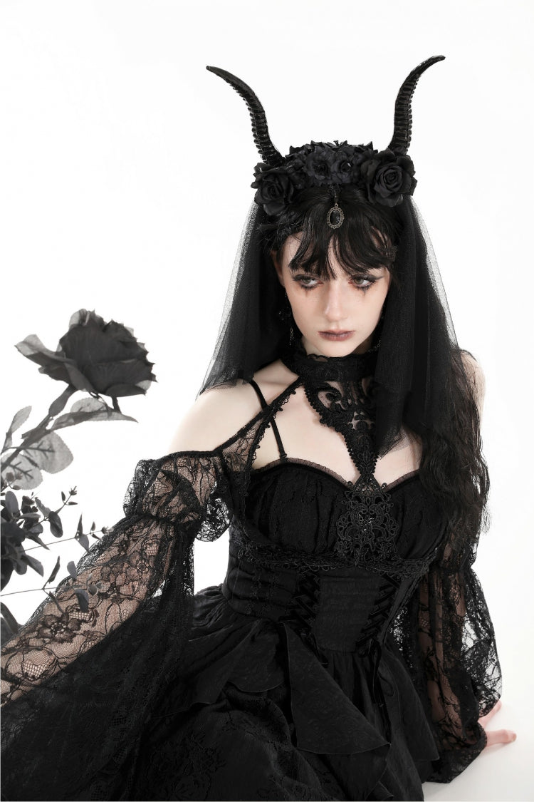 Black Off Shoulder Long Puff Sleeves Cut-Out Lace Women's Gothic Cape - Product - 11