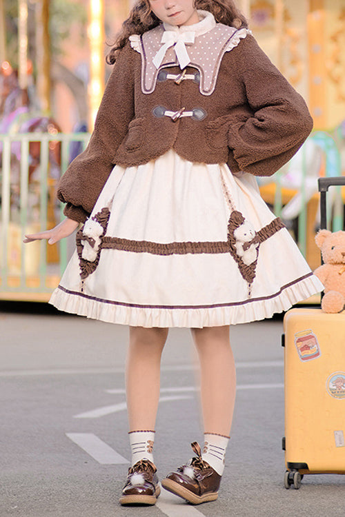 Beige Round Collar Lantern Sleeves Cute Bear Sweet Lolita OP Dress - Beige - 1