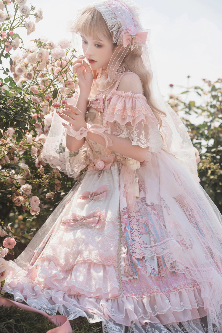 Pink [Moonlight Melody] Off Shoulder Sleeveless Multi-Layered Hanayome Open-Front Bow Lace Sweet Gorgeous Lolita Jsk Dress Set - Product - 4