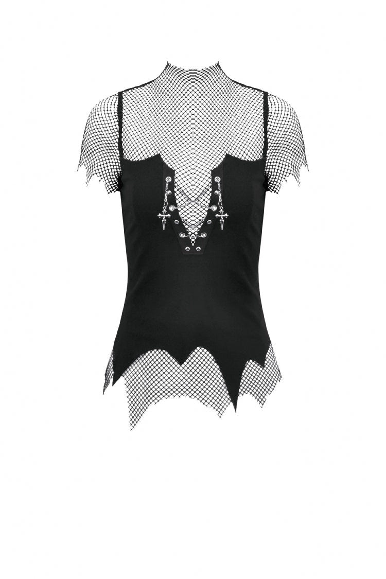 Black Short Sleeves Irregular Mesh Cross Chain-Decorated Eyelet Women's Punk Top - Product - 3