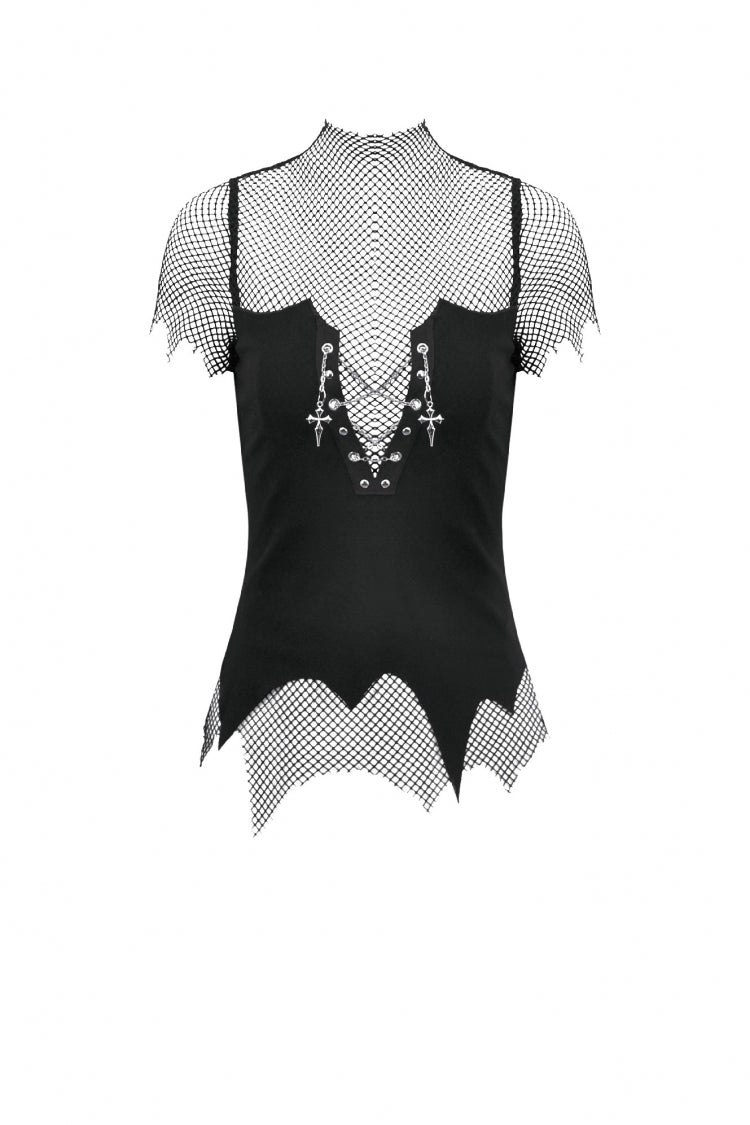 Black Short Sleeves Irregular Mesh Cross Chain-Decorated Eyelet Women's Punk Top - Product - 3