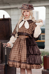 Brown [Morning Tune] Sleeveless High Waisted Print Ruffle Asymmetric Sweet Lolita Strap Dress - Brown - 1