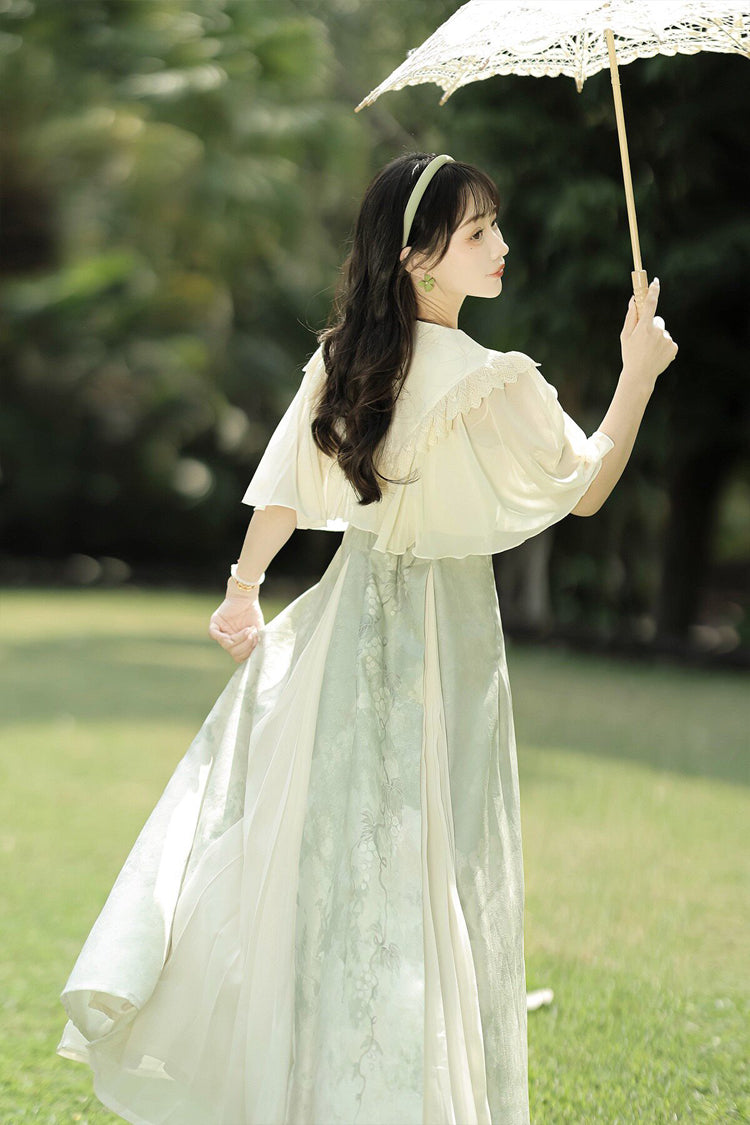 Green/Apricot [Green Grapes] High Waisted Printed Women's Daily Sweet Hanfu Dress Set - Product - 6