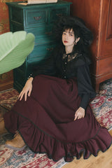 Black/Red Long Sleeves High Waisted Printed Lace Gothic Vintage Lolita Long Skirt Dress Set - Product - 4