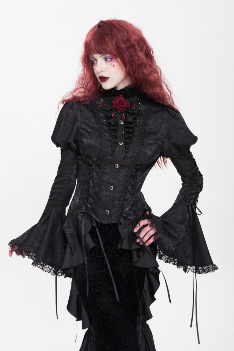 Black Stand Collar Long Puff Sleeves Floral Jacquard Lace-Up Women's Gothic Blouse - Product - 2