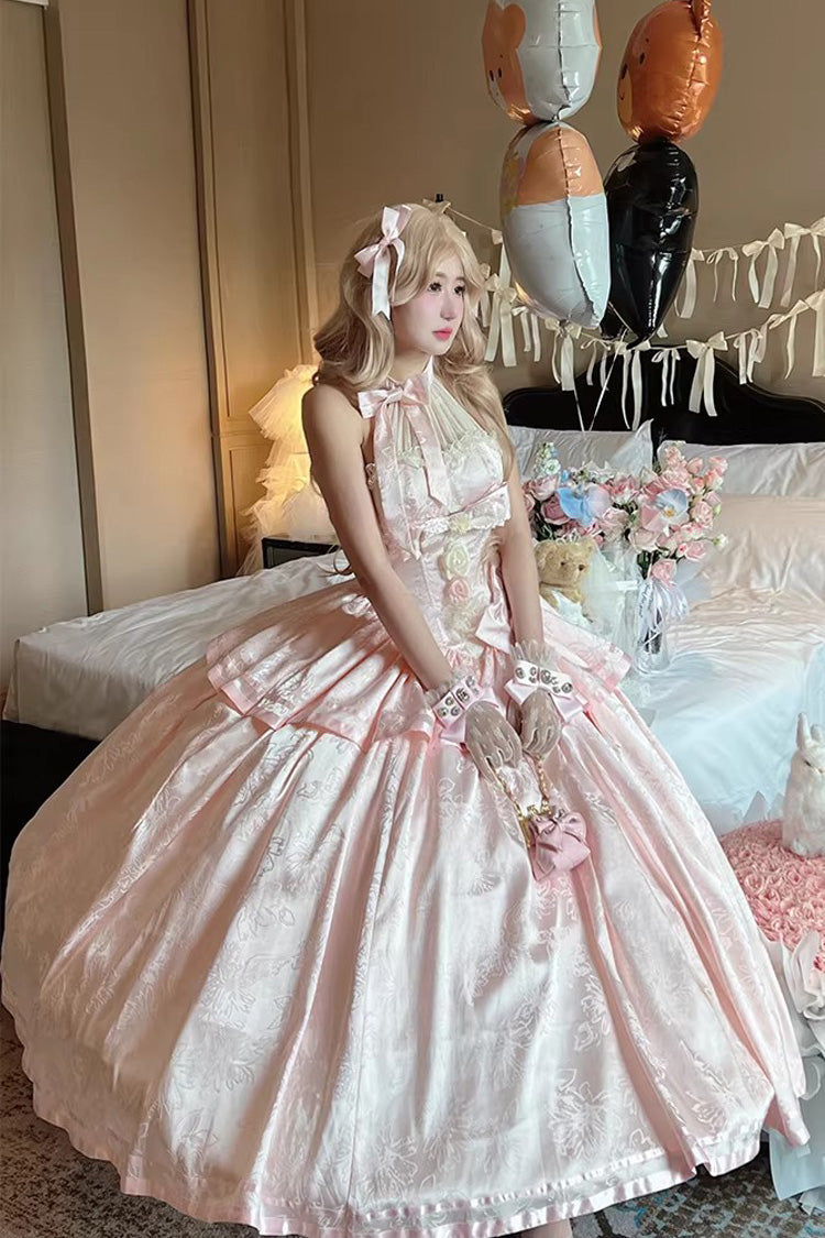 Pink [Softly Into Dreams] Halterneck Sleeveless Double-Layered Printed Ruffled Bow Lace Sweet Elegant Princess Gorgeous Lolita Jsk Long Dress - Product - 5