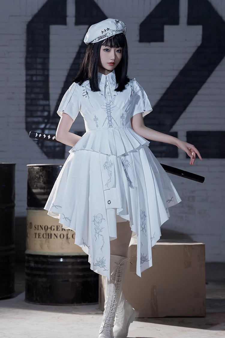 White Travelling Thorns Short Sleeves Print Gothic Elegant Lolita Dress - White - 1