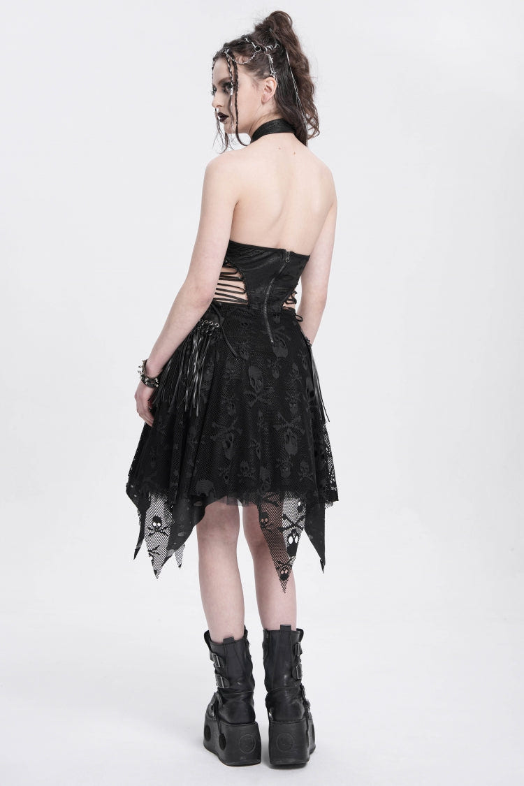 Black Halterneck Sleeveless Skull Print Irregular Women's Punk Dress - Product - 8