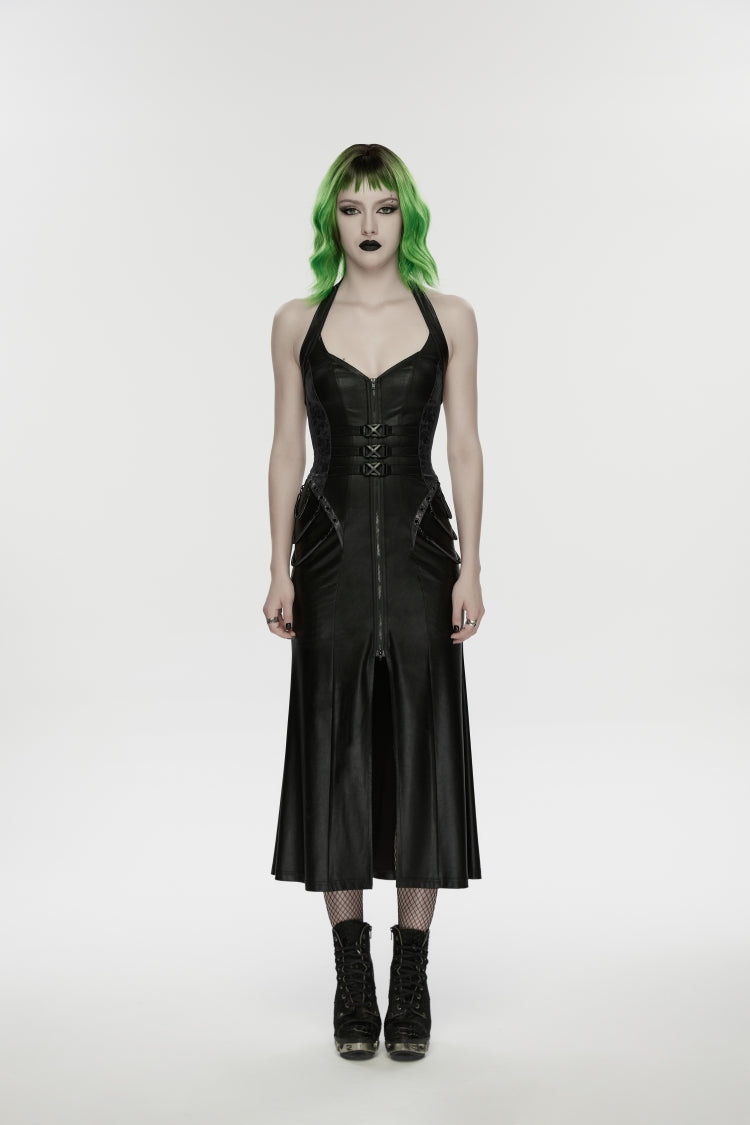 Black Halterneck Sleeveless Lace-Up Slim Buckled Women's Punk Dress - Product - 3
