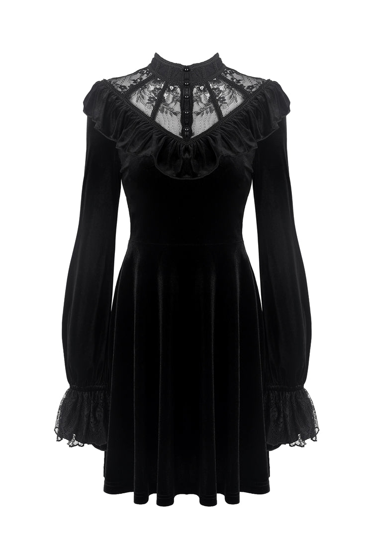 Black V-neck Long Sleeves Ruched Ruffled Lace Women's Lolita Gothic Velvet Dress - Product - 3