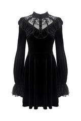Black V-neck Long Sleeves Ruched Ruffled Lace Women's Lolita Gothic Velvet Dress - Product - 3