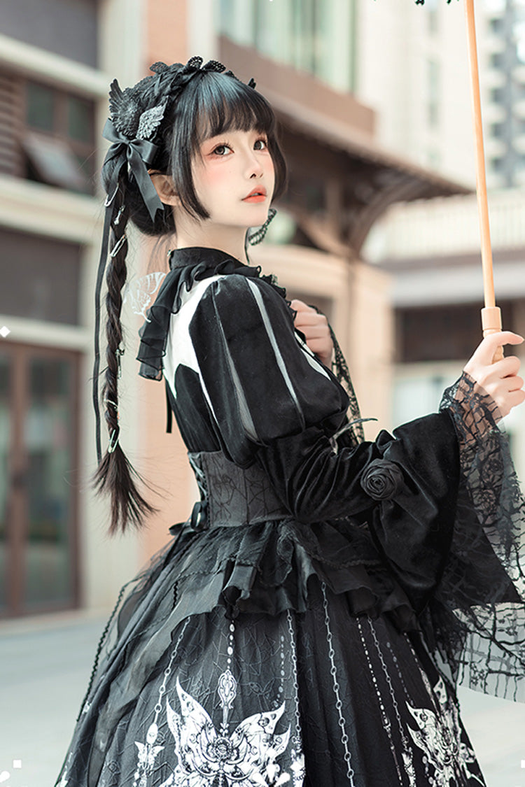Black [Feast of Bones] Print Ruffle Bowknot Lace Gothic Elegant Lolita Long Dress - Product - 7