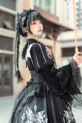 Black [Feast of Bones] Print Ruffle Bowknot Lace Gothic Elegant Lolita Long Dress - Product - 7