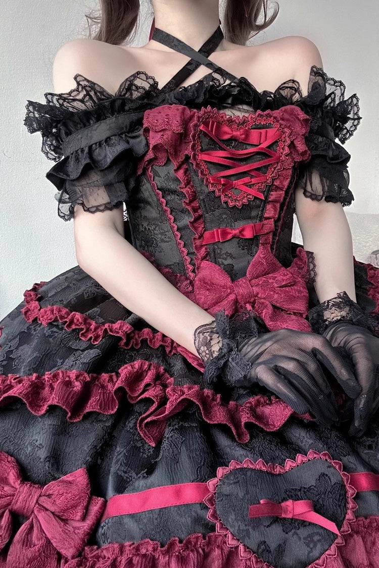 Black/Red [Super Cute Belia] Sleeveless Triple-Layered Ruffle Bowknot Lace Gothic Elegant Lolita Jsk Dress - Product - 4