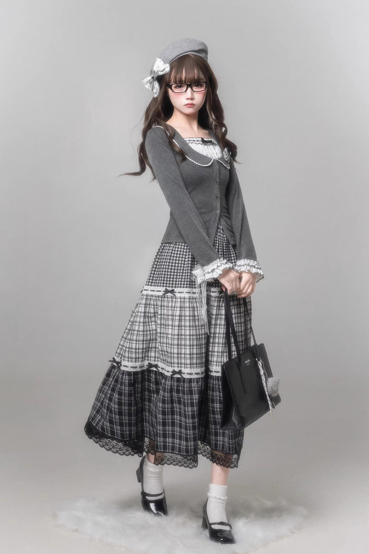 グレー [Star Candy] スクエアカラー 長袖 プリント Cut-Out レース 重ね着風 スウィートロリータスカートセット 商品画像