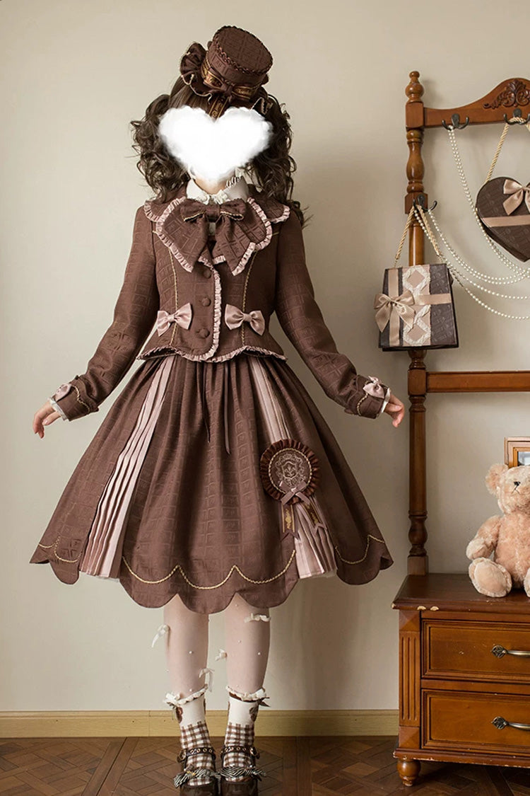 Brown [Teddy Chocolate Bar] Printed Embroidered Bow Lace-Up Classic Lolita Jsk Dress and Skirt - Brown(Short-JSK-Only) - 1