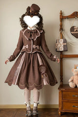 Brown [Teddy Chocolate Bar] Printed Embroidered Bow Lace-Up Classic Lolita Jsk Dress and Skirt - Brown(Short-JSK-Only) - 1