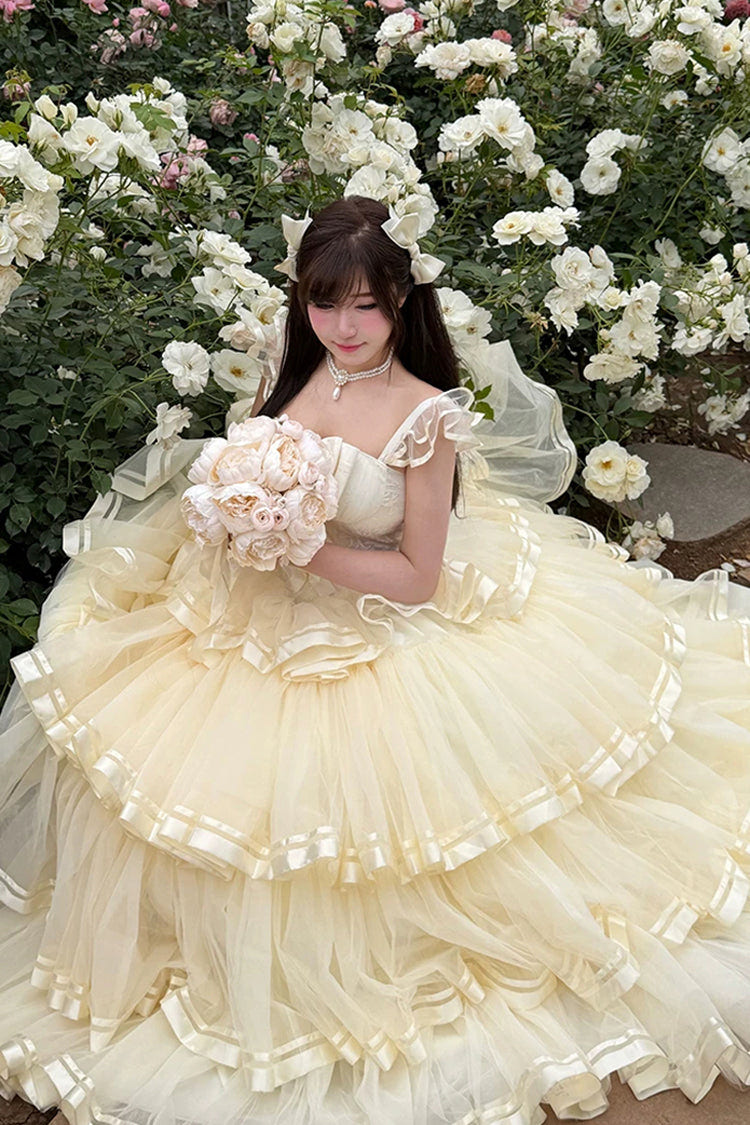 Apricot [Sweet Organza Satin] Sleeveless Multi-Layered Ruffled Hanayome Bow Lace Sweet Elegant Princess Lolita Jsk Dress - Product - 5
